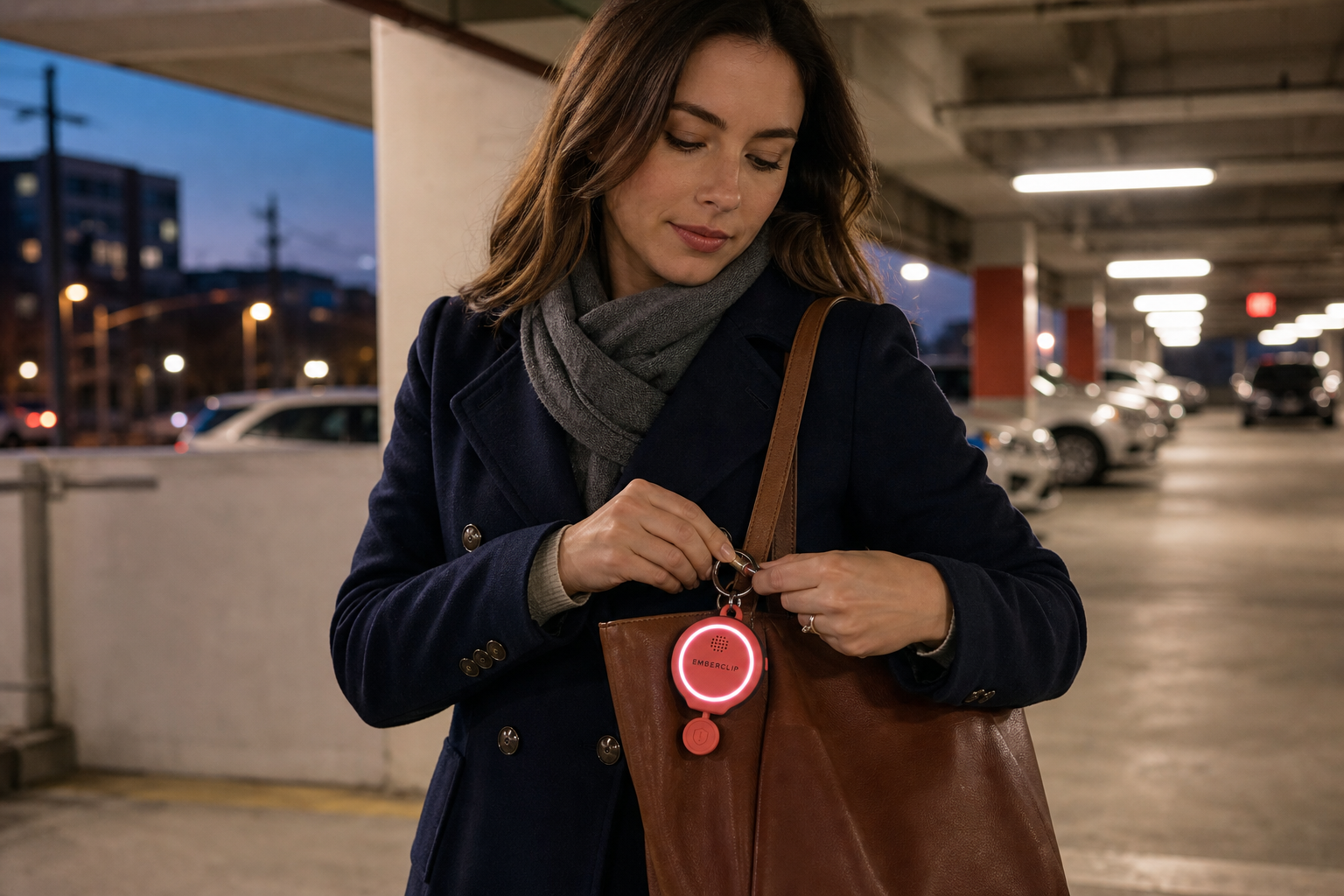 Commuter attaching EmberClip alarm to a tote bag in a parking garage
