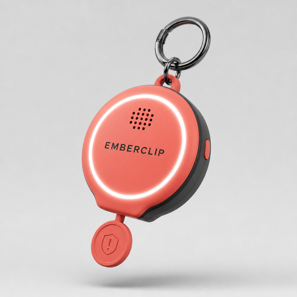 EmberClip pocket safety alarm on a neutral studio background